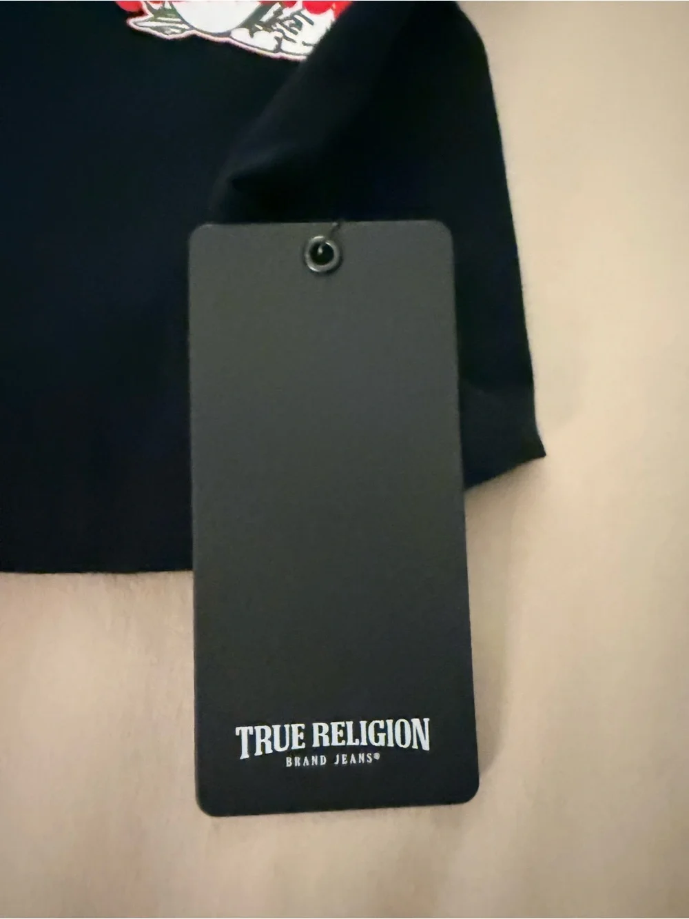 NWT True Religion Black Tee with Red & White Logo Graphics